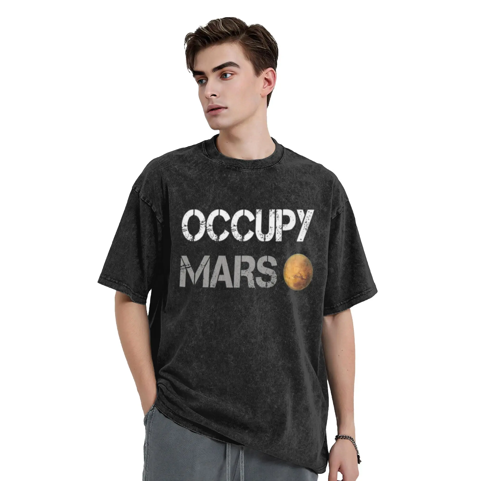 Occupy Mars - Thanksgiving  Christmas Ideas for Elon Musk Lovers and Fans A Washed T Shirt Oversized Cotton Tees Tops