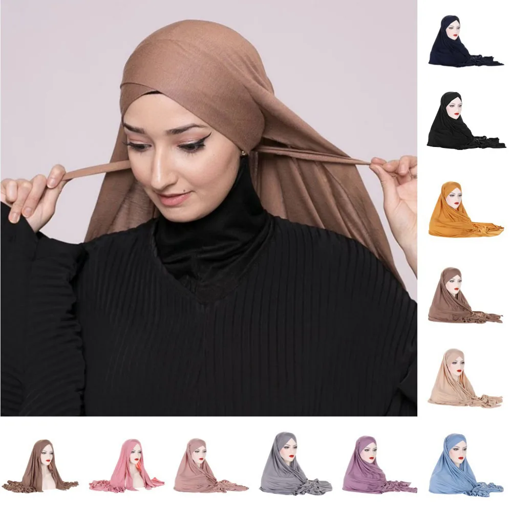 

Women Jersey Scarf Plain Solid Color Instant Hijab Shawls Wraps Foulard Muslim Hijabs Ready To Wear Headscarf One Piece Amira