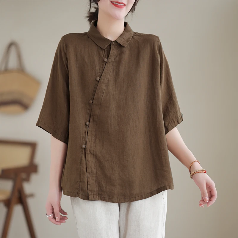 Or Sve irt – haut boutonné Vintage pour femmes d'âge moyen, décontracté, en coton et lin, vêtements de thé amples, nouvelle collection été