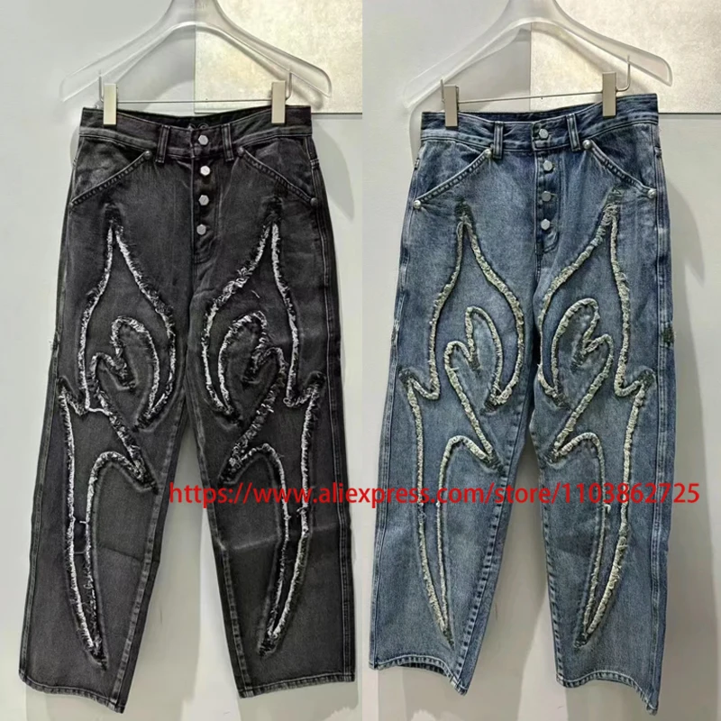 

THUG CLUB Jeans Patchwork Scythe Pattern Embroidery Denim Trousers Men Women Retro Washed Casual Thug Club Wide-leg Pants