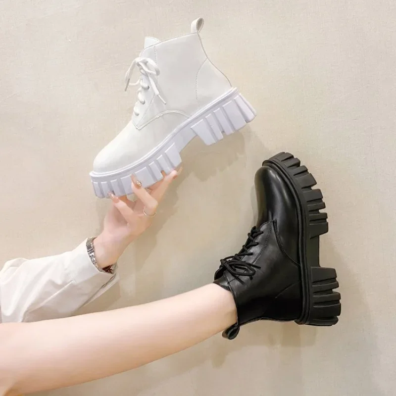 2023 White New Women Ankle Boots Autumn Winter Platform Zipper Women Punk Boots Thick Sole Lace Up Combat Booties Female Mujer