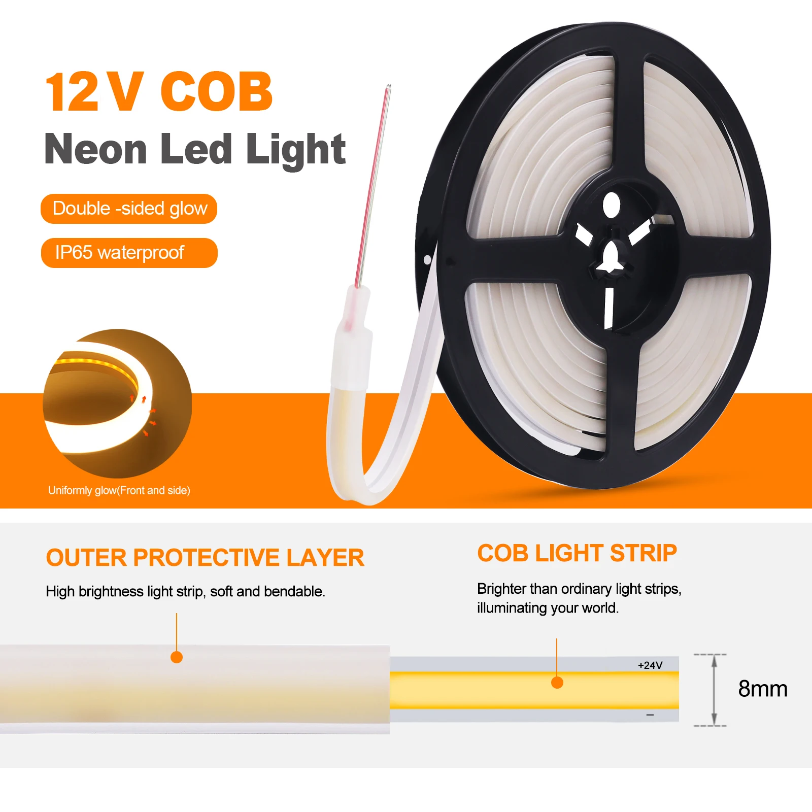 Double Side Glow COB LED Strip Light 12V 24V Waterproof Flexible LED Neon Tape 320LEDs High Density Linear Lighting 0.5-20M