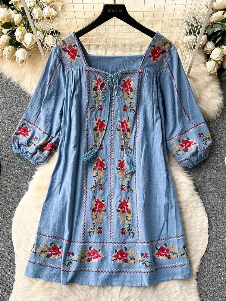 Women Summer Dress Retro Ethnic Style Square Neck Quarter Sleeve Embroidered Loose A-line Holiday Style First Love Dress D3980