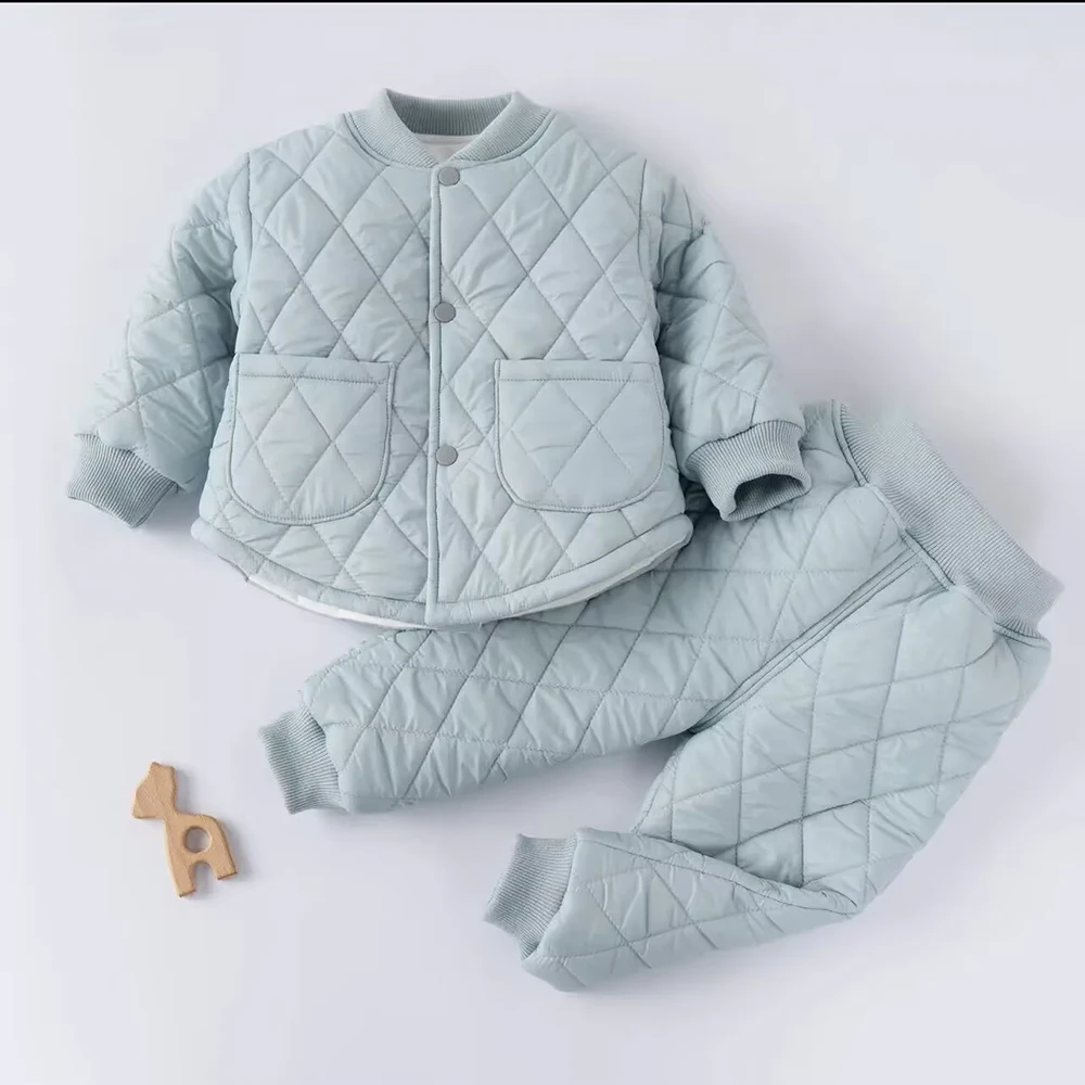 Girls Boys Cotton Coats Pants Suit Winter Single Breasted Warm Quilted Jackets+Pants 2Pcs Children Clothes Sets Kids Homewear