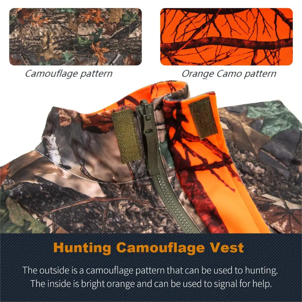 GUGULUZA M-4XL Orange Camo Hunting Vest for Men, Fleece Game Reversible Waistcoat Sleeveless Jacket Outdoor Camouflage Clothing