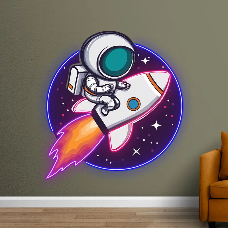 Astronauta Rocket Custom Neon Sign, Luzes LED de Viagem Interestelar, Sinais de néon para decoração infantil, Presente de aniversário