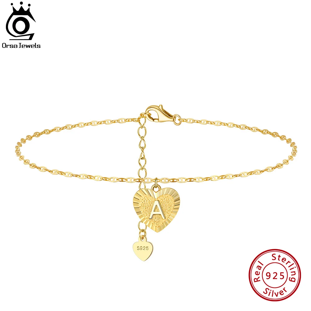 ORSA JEWELS 925 Sterling Silver 11mm Initial Heart Anklets Bracelet for Women 14K Gold Mariner Letter Foot Chain Jewelry SA32