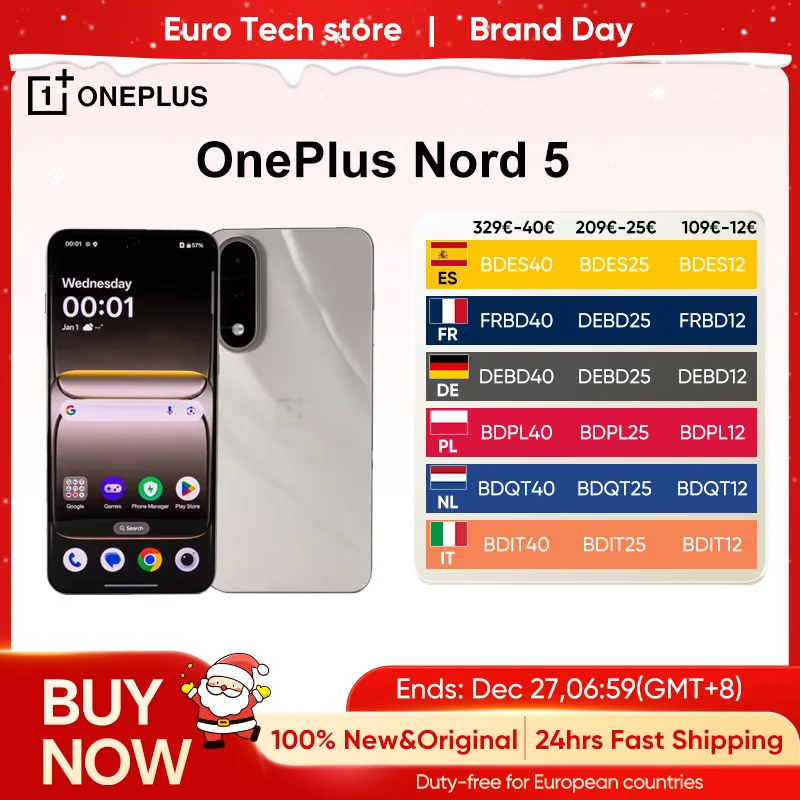 OnePlus Nord 5 Smartphone 5G Snapdragon 8s Gen 3 Écran AMOLED 6,83" 144 Hz 5200 mAh 80 W SUPERVOOC Charge 50 MP Doubles caméras