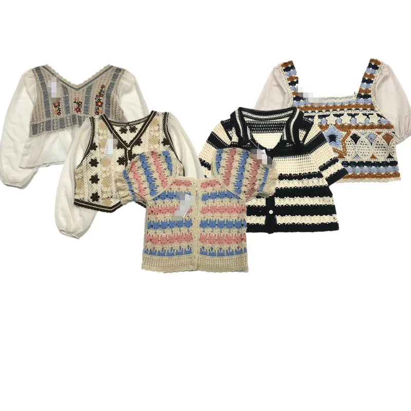 

Hand Knitted Vintage Sweater Double Layer Hollow out Pure Color Four Season Luxury Floral Mixed Fiber Women's Premium Knitwear