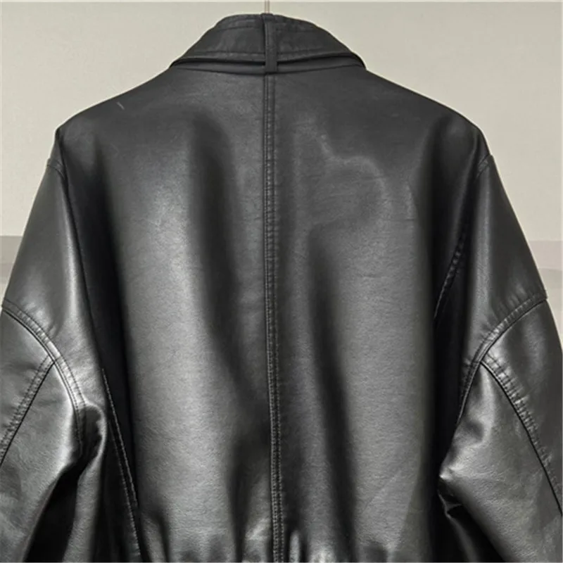 Chaqueta de piel sintética negra de alta calidad con cuello levantado y bolsillo grande holgado con cremallera de manga larga para otoño chaqueta de motociclista para mujer Streetwe