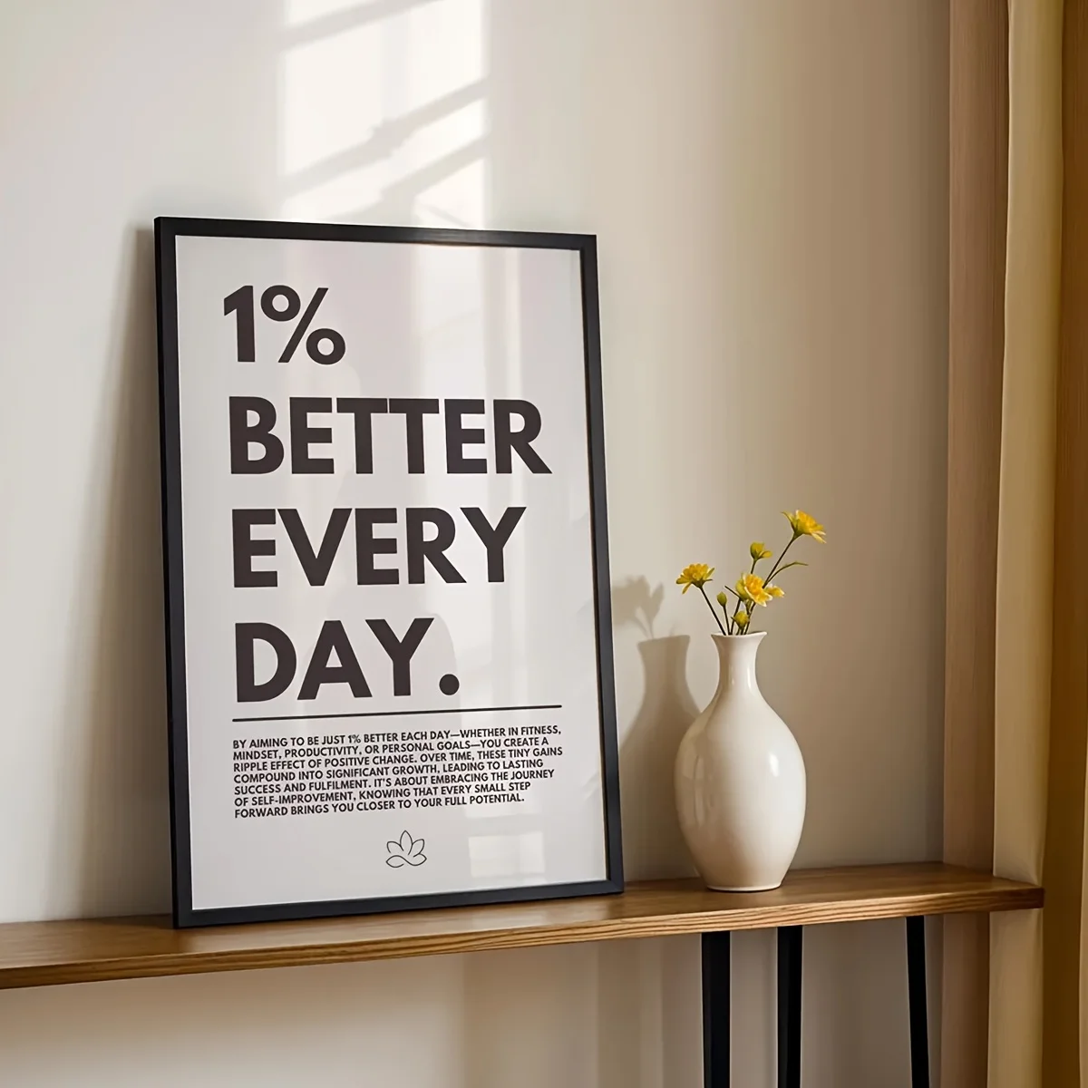 1% Improvement Every Day Motivational Poster - Modern Minimalist Black and White Canvas Art, Vintage Quote Reminder Poster