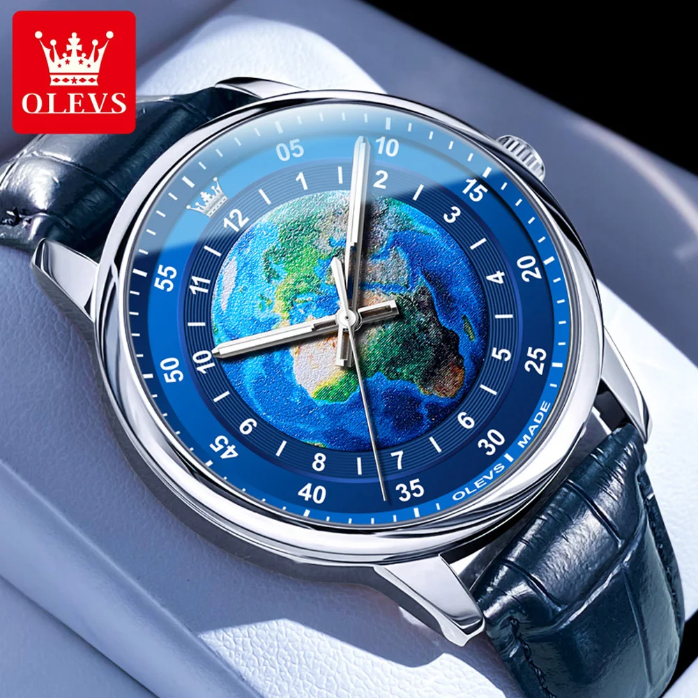 

Olevs Original Quartz Men's Wristwatch Waterproof Luminous Hand Male Watch Fashion Blue Planet Dial Casual Leather Strap Watches