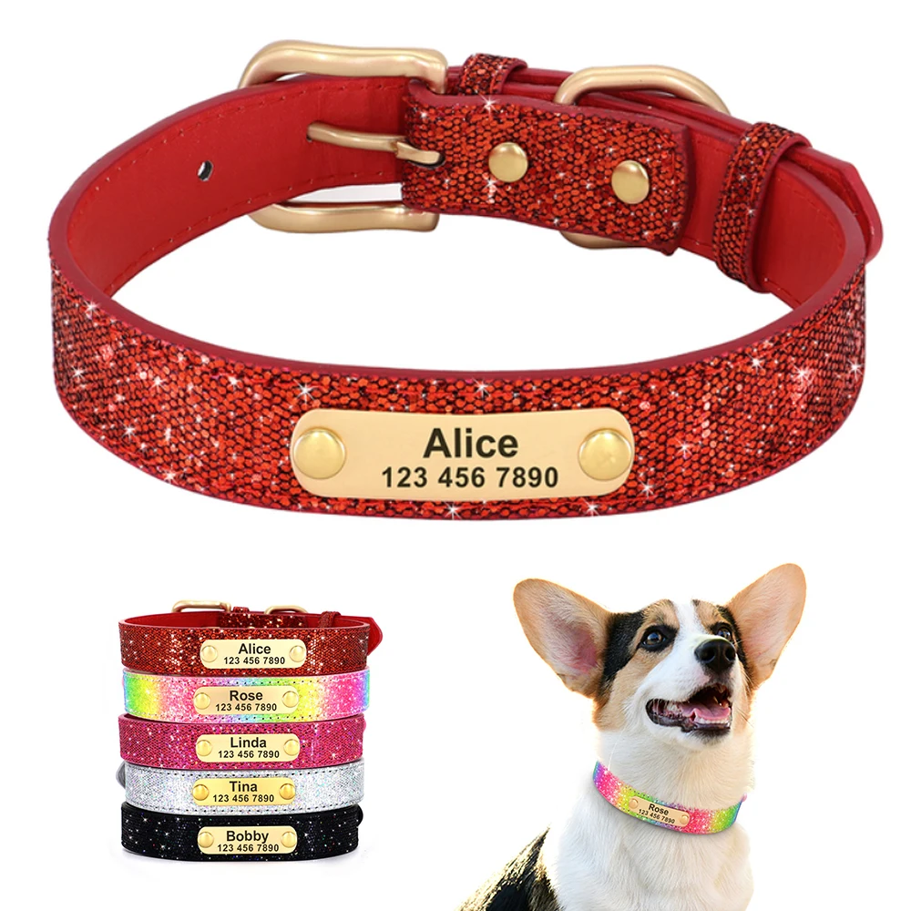 

Bling Custom Dog Collar Anti-lost Glitter ID Dog Collars Adjustable Pet Puppy Collars For Small Medium Large Dogs Chihuahua Pug