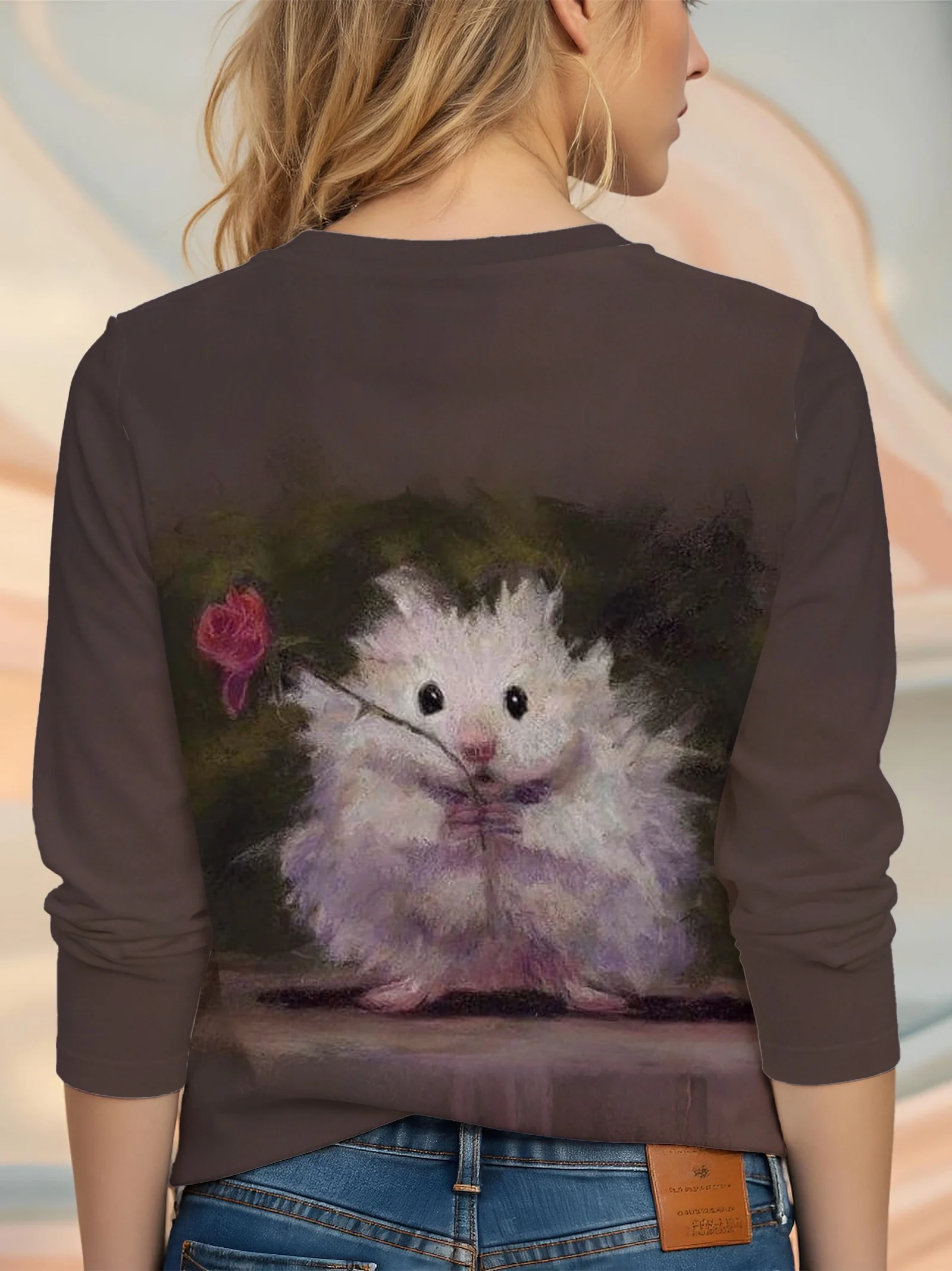Women Long Sleeve Top Cute Hamster Rose Animal Print Crew Neck Autumn Festival Gift Casual Daily Wear Women's Clothes - view 4