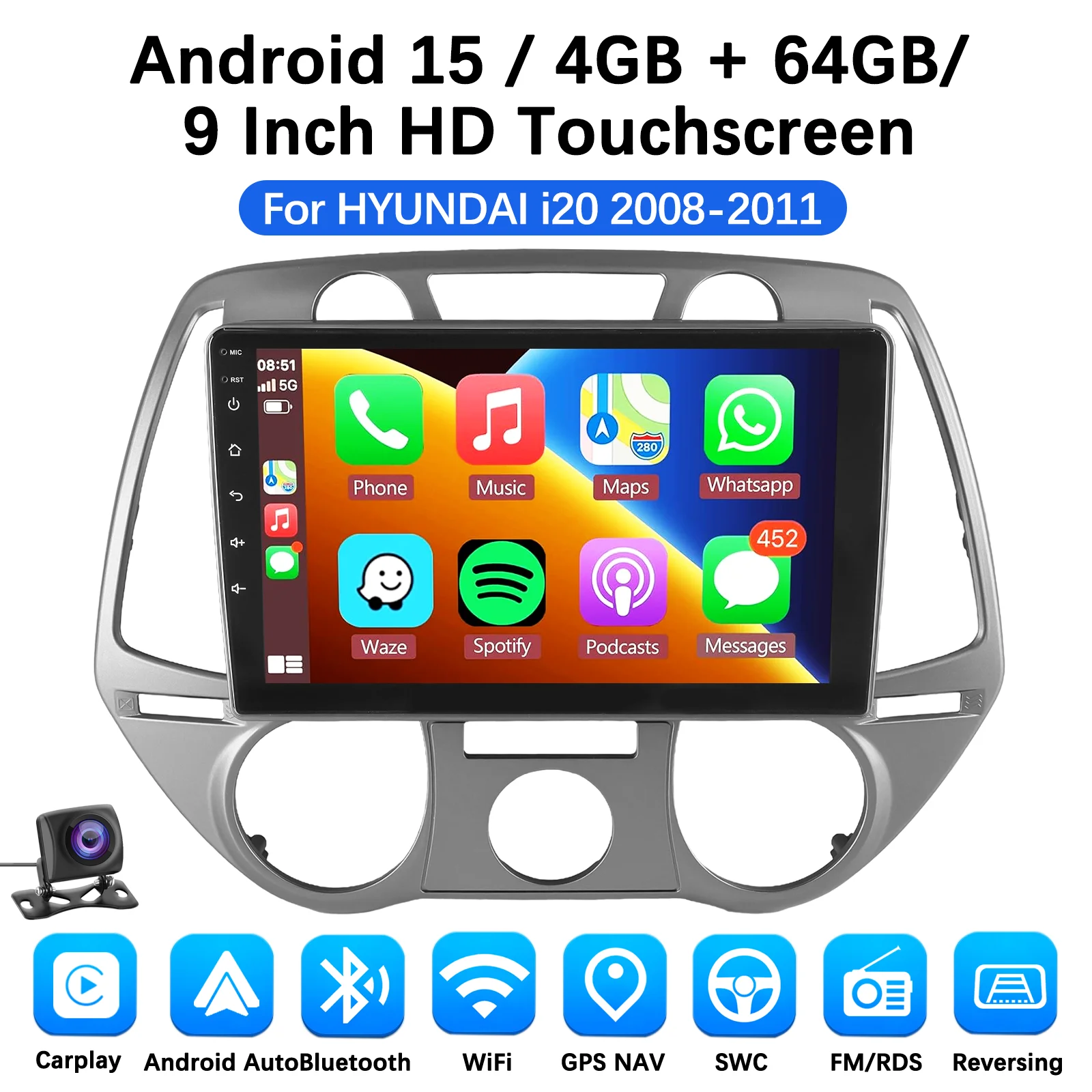 MOPECT Android Draadloze CarPlay Auto Autoradio voor Hyundai I20 2012-2014 Intelligent Systeem WIFI SWC RDS GPS FM/AM BT DAB+ - afbeelding 1