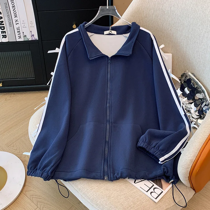 150Kg Plus Size Women's Bust 161 Spring Autumn Loose Bow Striped Jacket Tie Flower Long Sleeved Top Blue 5XL 6XL 7XL 8XL 9XL