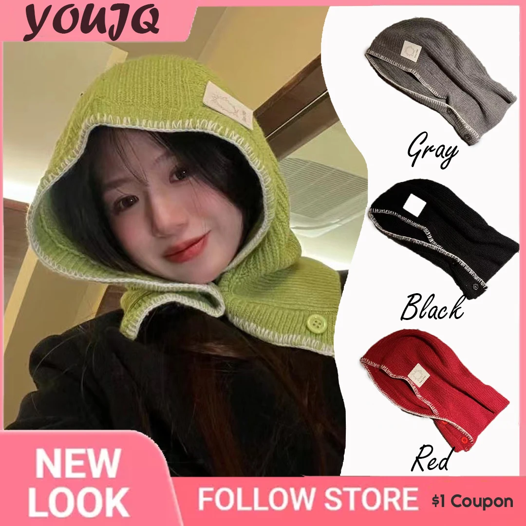 

Y2K Christmas Gift Locking Edge Balaclava Caps For Women Knitted Hat Collar One Autumn Winter Ear Protection Gorras