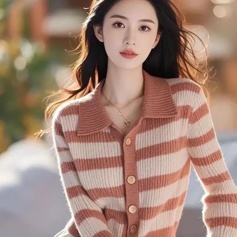 

Вязаный кардиган контрастного цвета с воротником POLO, универсальный новый полосатый свитер в студенческом стиле, топ