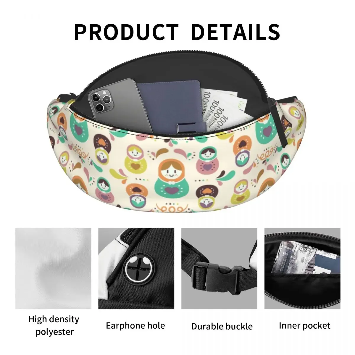 Casual Matryoshka Dall Pattern Fanny Pack Women Men Russian Folk Art Crossbody Waist Bag for Running Phone Money Pouch