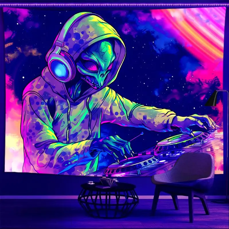 VIKAMA Blacklight DJ Gorilla Headphones Hanging Tapestry Wall Art Home Decor Bedroom Party UV Reactive Trippy Music Soft Durable