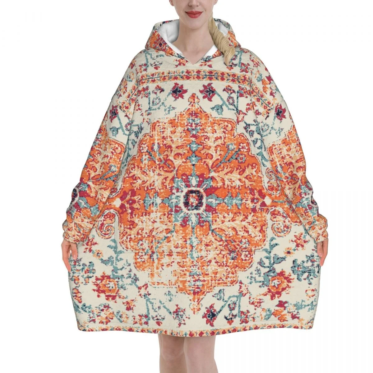 Aztec Terracotta Boho Wearable Flannel Blanket Hoodie Oversized Hooded Blanket Pullover Sweatshirt Fleece Sherpa Blankets