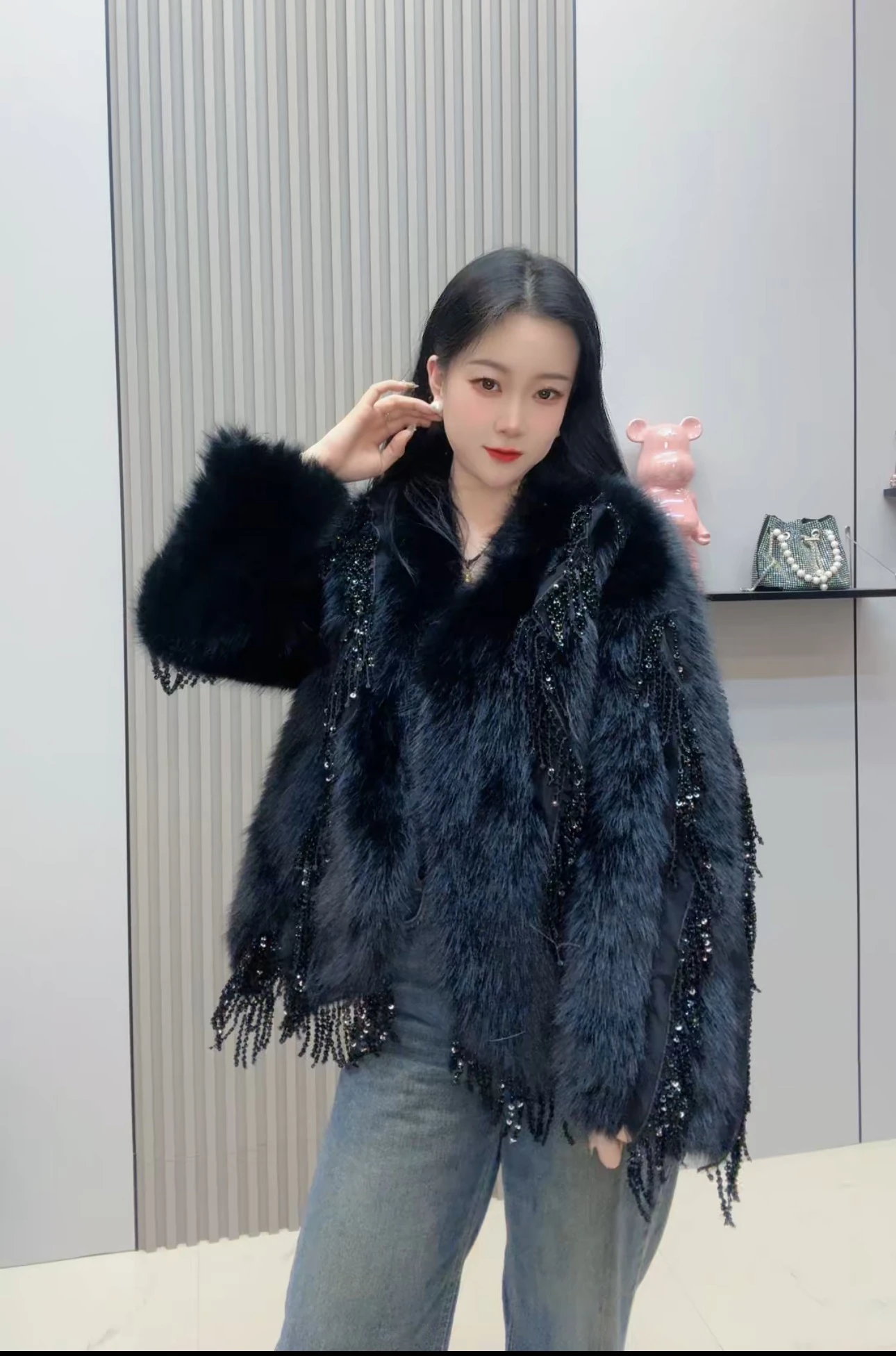 Moda senhora vermelho jaqueta de pele do falso novo outono inverno diamantes contas borla casaco quente elegante manga longa feminino casacos inchados