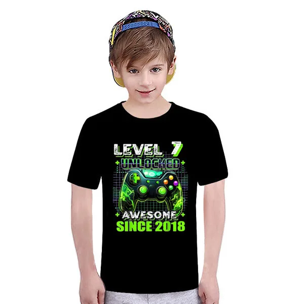 

7th Birthday Gamer 7 Years Old Funny Bday Boy Seven Son T-Shirt Level 7 Unclocked Awesome Since 2018 Saying Tee Video Game Gifts