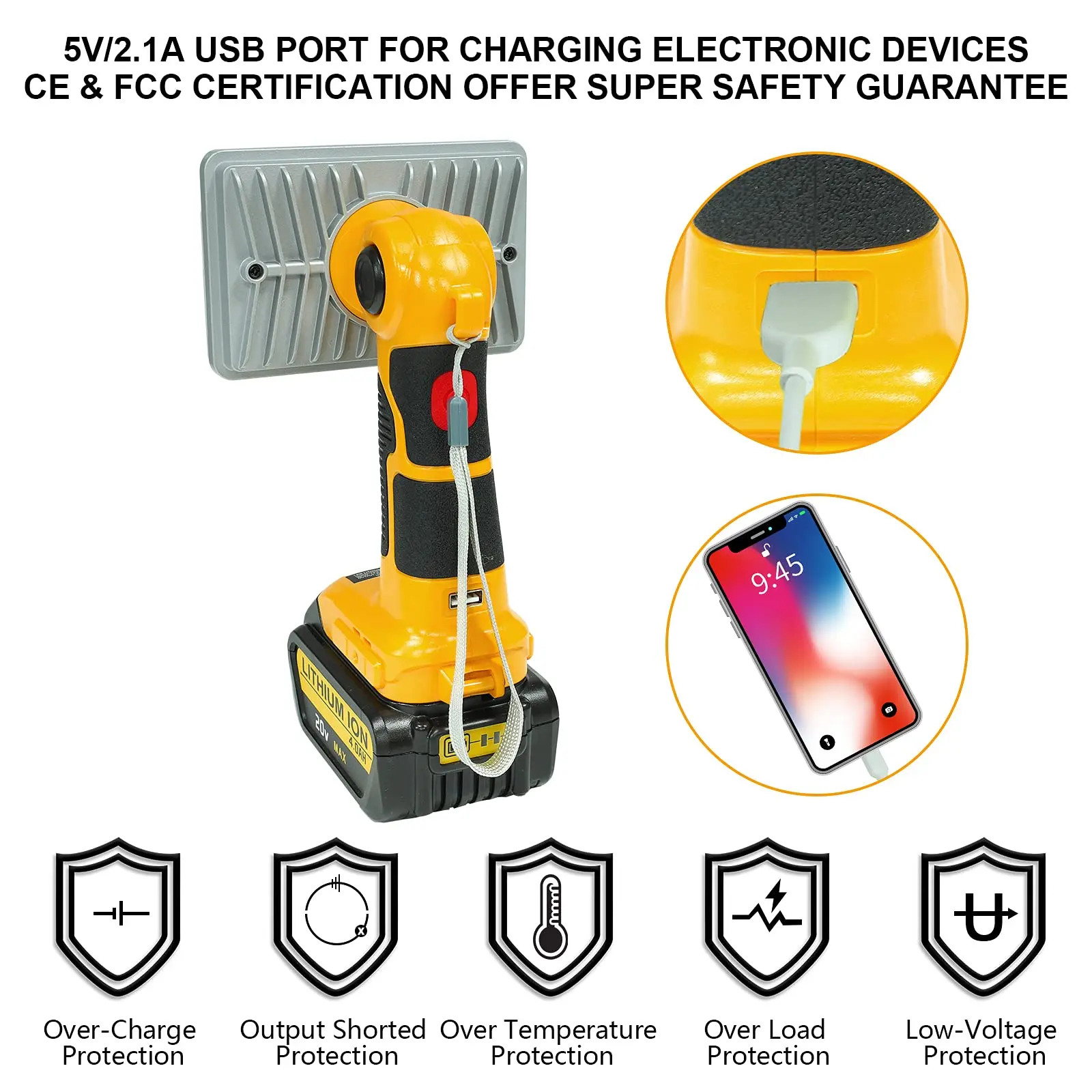 For Dewalt 20v Work Light 18W 2000LM Portable Floodlights Spotlight with USB Charging Port for Repairing Garage Camping Jobsite