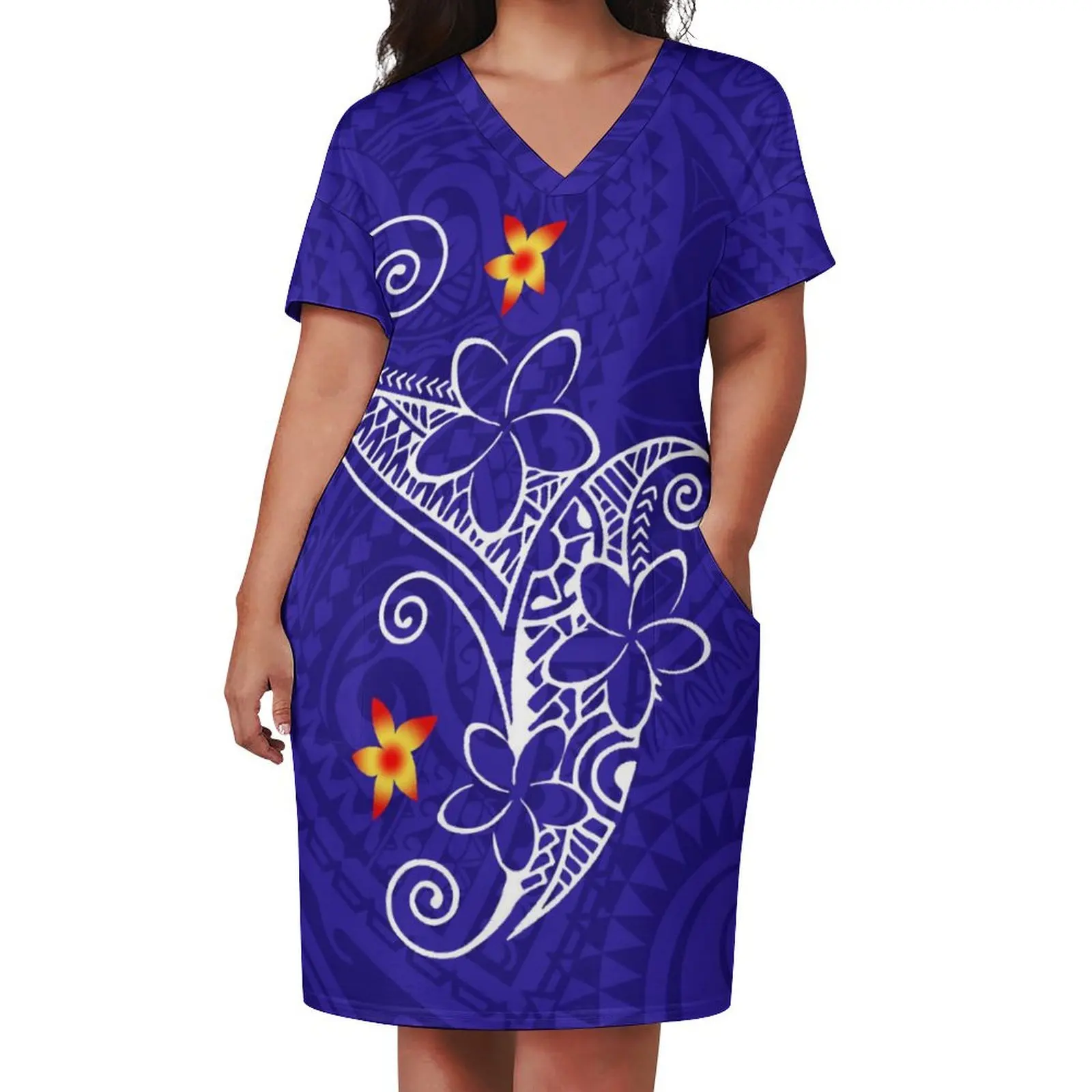 

Summer Women'S Short Sleeve V-Neck Dress Fashion Casual Pocket Dress Polynesian Islands Women'S Custom