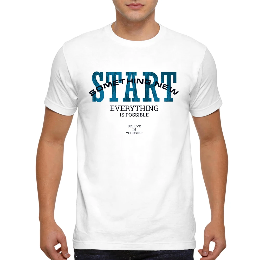 Mens 100% Cotton T Shirt Start Something New Inspirational Slogan Distressed Letter Print Breathable Short Sleeve Summer Tees