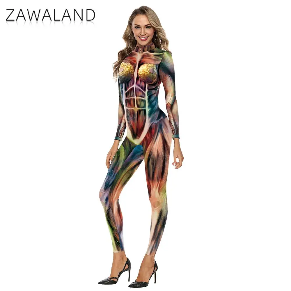 Zawaland Cosplay Costume for Women Adult Party Clothing Holloween Carnival Men Bodysuit Long Sleeve Slim Zentai Muscle Suits