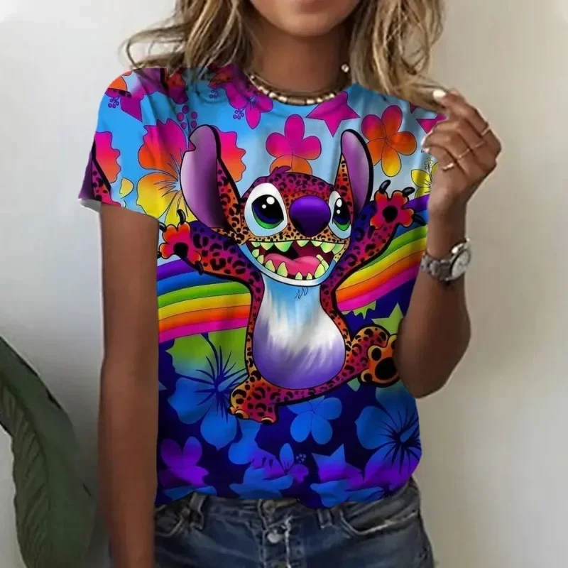 New Kawaii Lilo Stitch Print T-shirts Tops for Women Lady Autumn Children T-shirts Casual O-neck Ohana Stitch Disney T-shirts