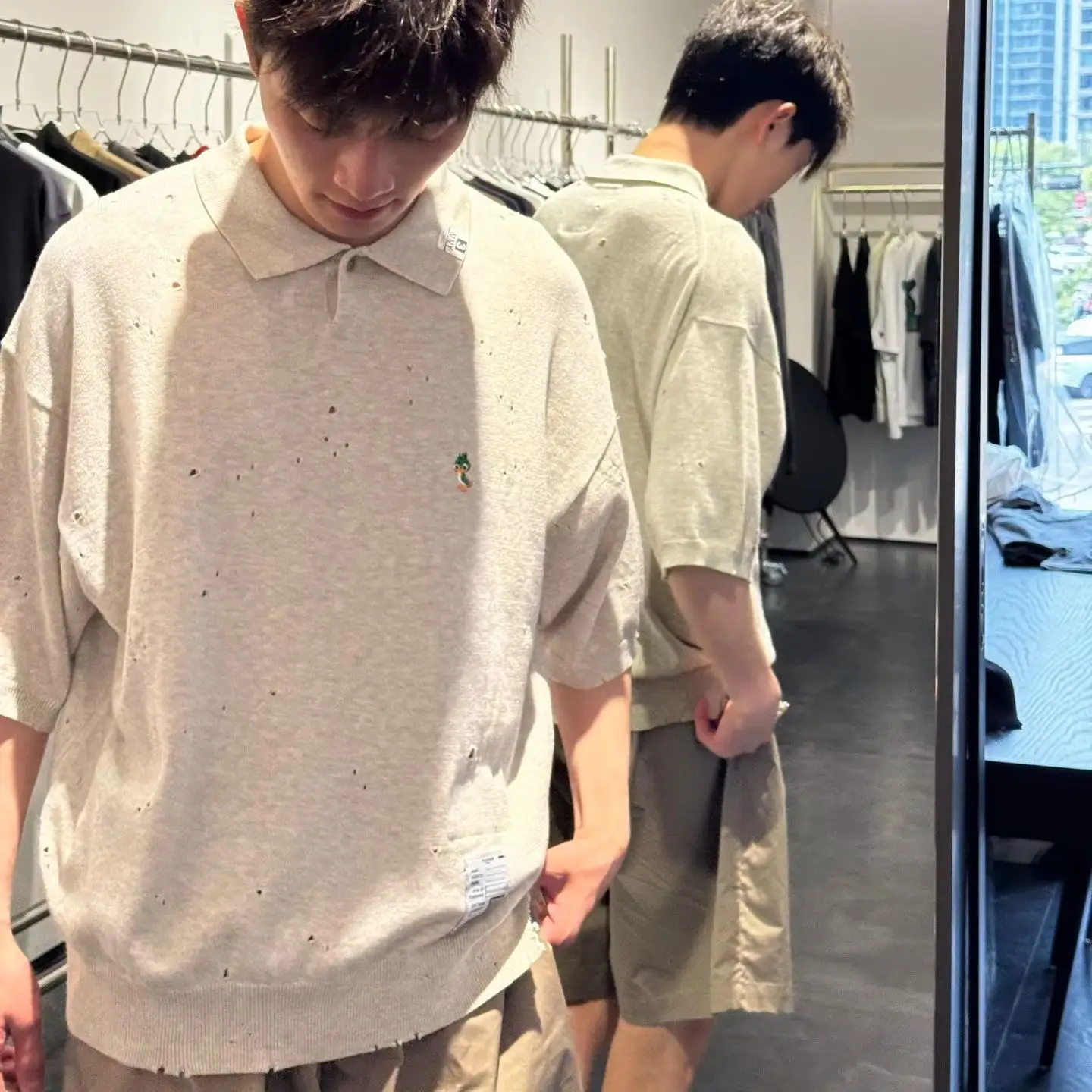Men Distressed Ripped Knit Polo Shirt Breathable Loose Fit Vintage Washed Pullover Tops Male Daily Casual Streetwear Outfits