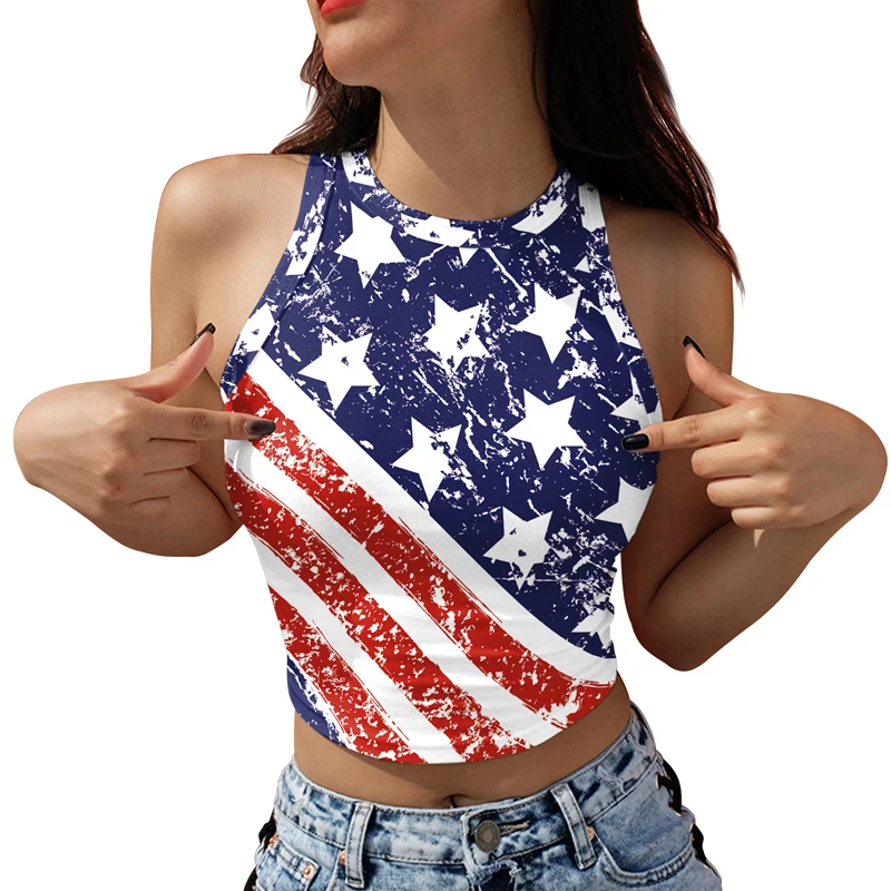 2024New American Independence Day flag digital Print sleeveless bare shoulder Sleeveless Short basic camisole Fitness  Tank  Top