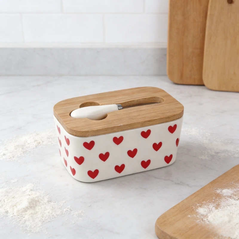 

Heart Shaped Ceramic Butter Dish with Lid Sealed Butter Crock Creative Western Style Cheese Storage Jar Airtight Butter Keeper