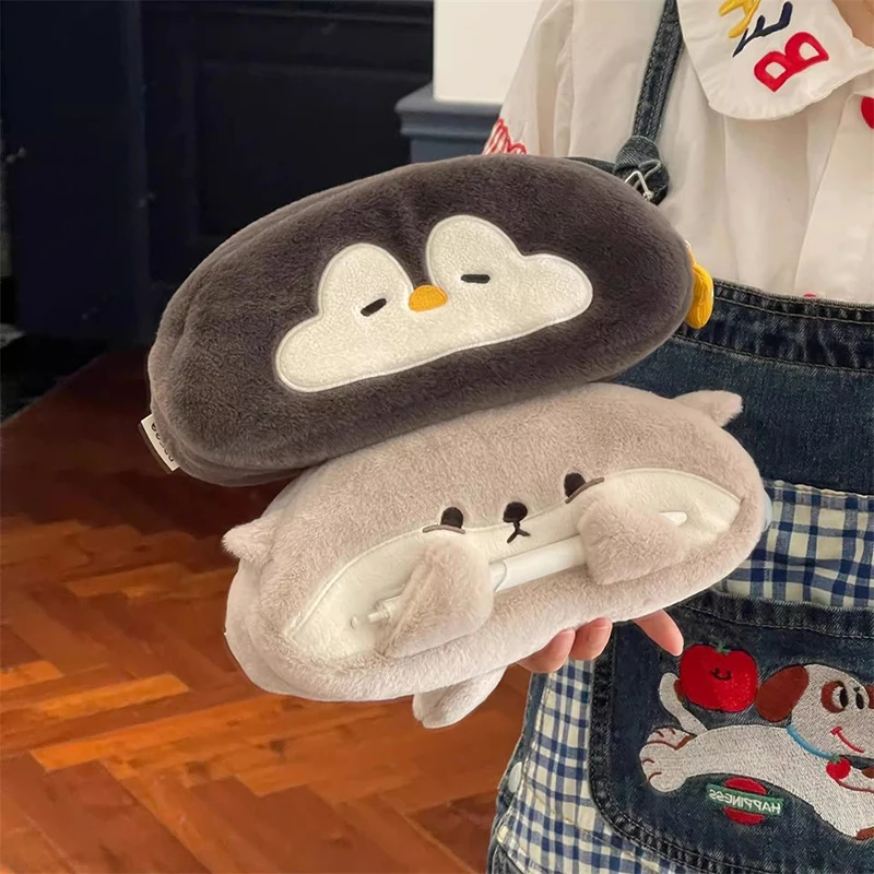 Kawaii Little Otter Penguin Plush Pen Bag, Large Capacity Pencil Case, Stationery Storage Bag, School Supplies