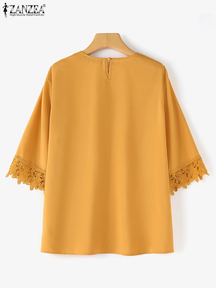 Women Lace Tops ZANZEA 2024 Summer Blouse 3/4 Sleeve Elegant Casual Loose Round Neck Solid Color Fashion Shirts Blusas Feminina