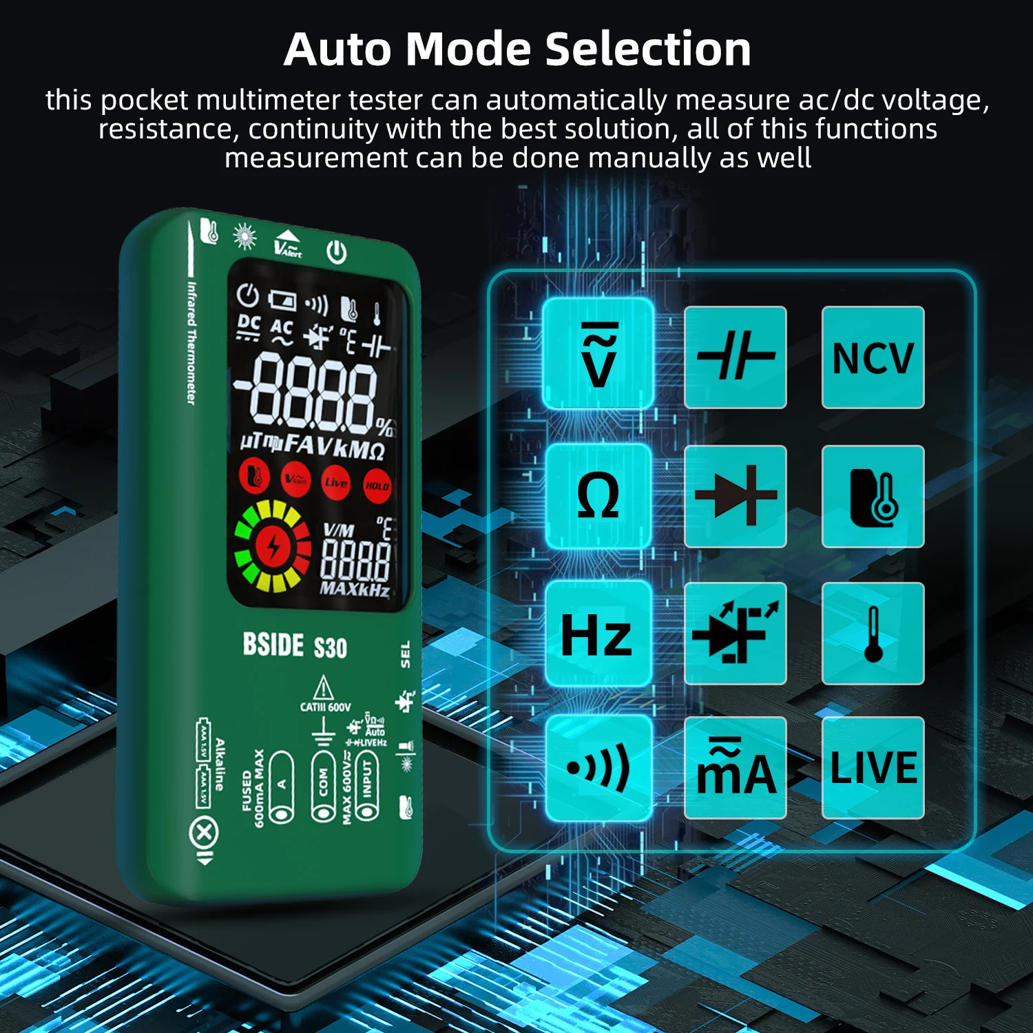 BSIDE Professional Smart Multimeter 15V Diode LED Tester True RMS 9999 DC AC Voltage Infrared Temperature Measurement Voltmeter