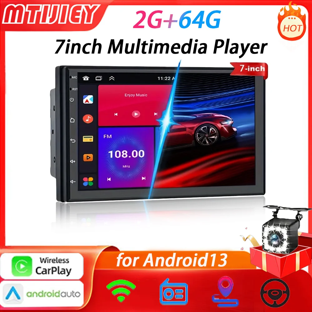 

MTIJEY 2+64G 7"Car Radio Wireless Carplay Android Auto 2 Din GPS Navigator MP5 Player Glass Screen WiFi FM BT Car Stereo