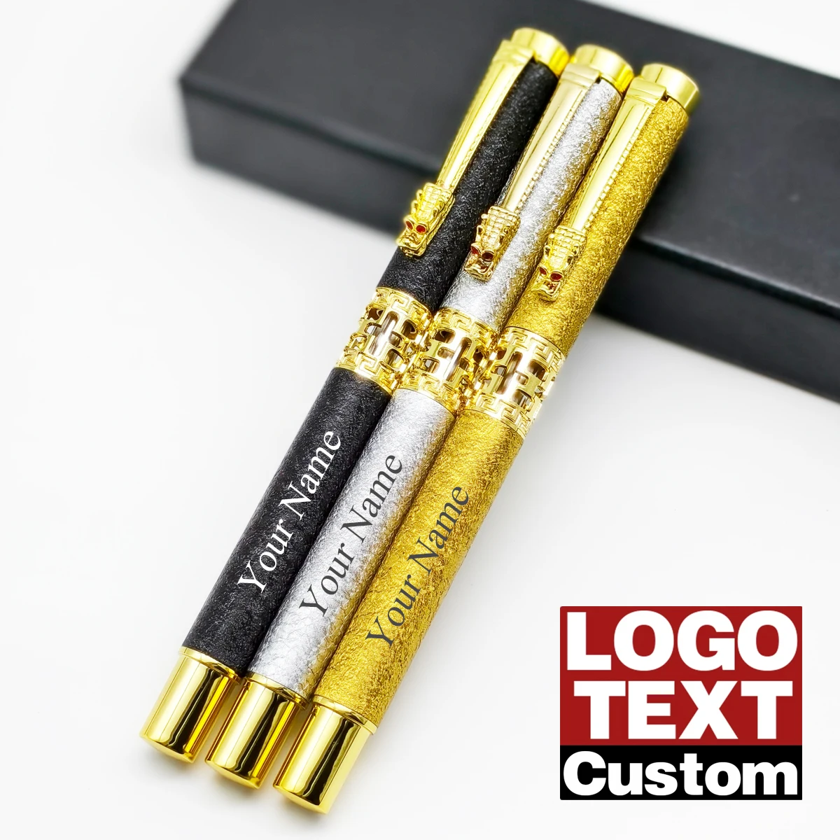 

Customize Name Logo Text Dragon Pen Clip Hollowed Out Business Ballpoint Pen Set Personalized Signature Pens Gift Box
