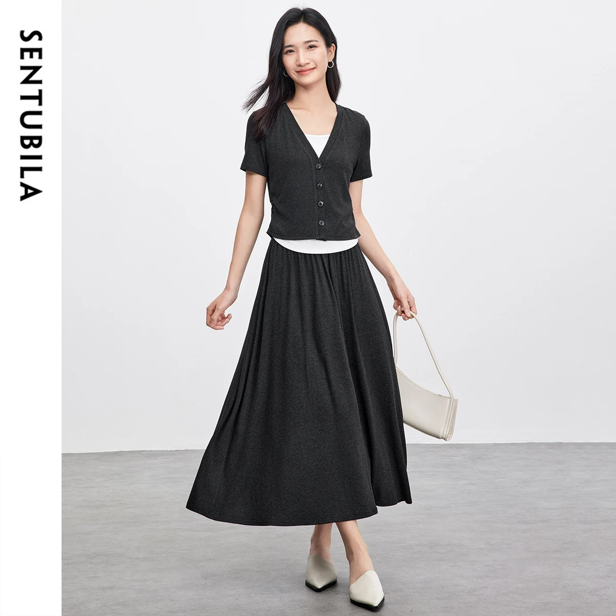 

SENTUBILA Women's Two Pieces Set Patchwork Shirring Waist 2 in 1 Tops A-line Knitted Skirt New in Matching Sets 152Z59392