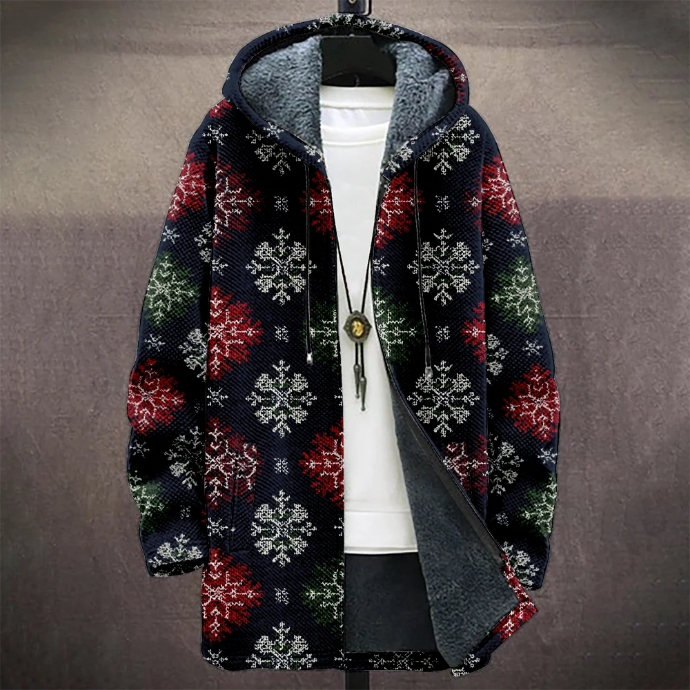 Men's Christmas Gradient Snowflake Reindeer Print Hooded Jacket with Warm Fleece Lining Stylish Winter Coat for Casual Wear