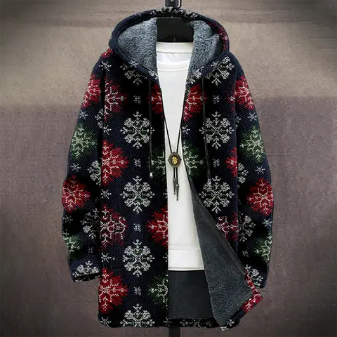 Herren-Kapuzenjacke mit weihnachtlichem Farbverlauf, Schneeflocken-Rentier-Aufdruck und warmem Fleece-Futter, stilvoller Wintermantel für Freizeitkleidung