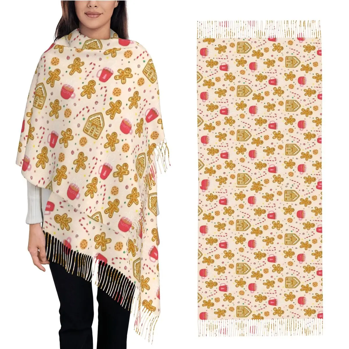 

Gingerbreads Sweets And Treats - Ecru Scarf Fall Winter Pashmina Shawls and Wrap Christmas Long Large Shawl Scarf Daily Wear