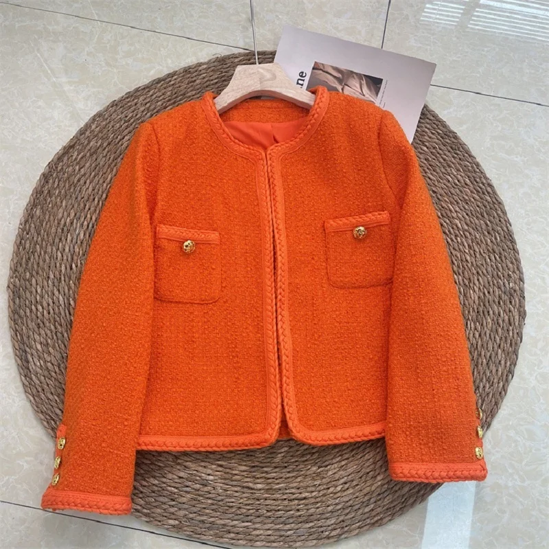 Chaqueta corta de Tweed naranja para mujer, abrigo informal de manga larga con cuello redondo, otoño e invierno, novedad de 2023