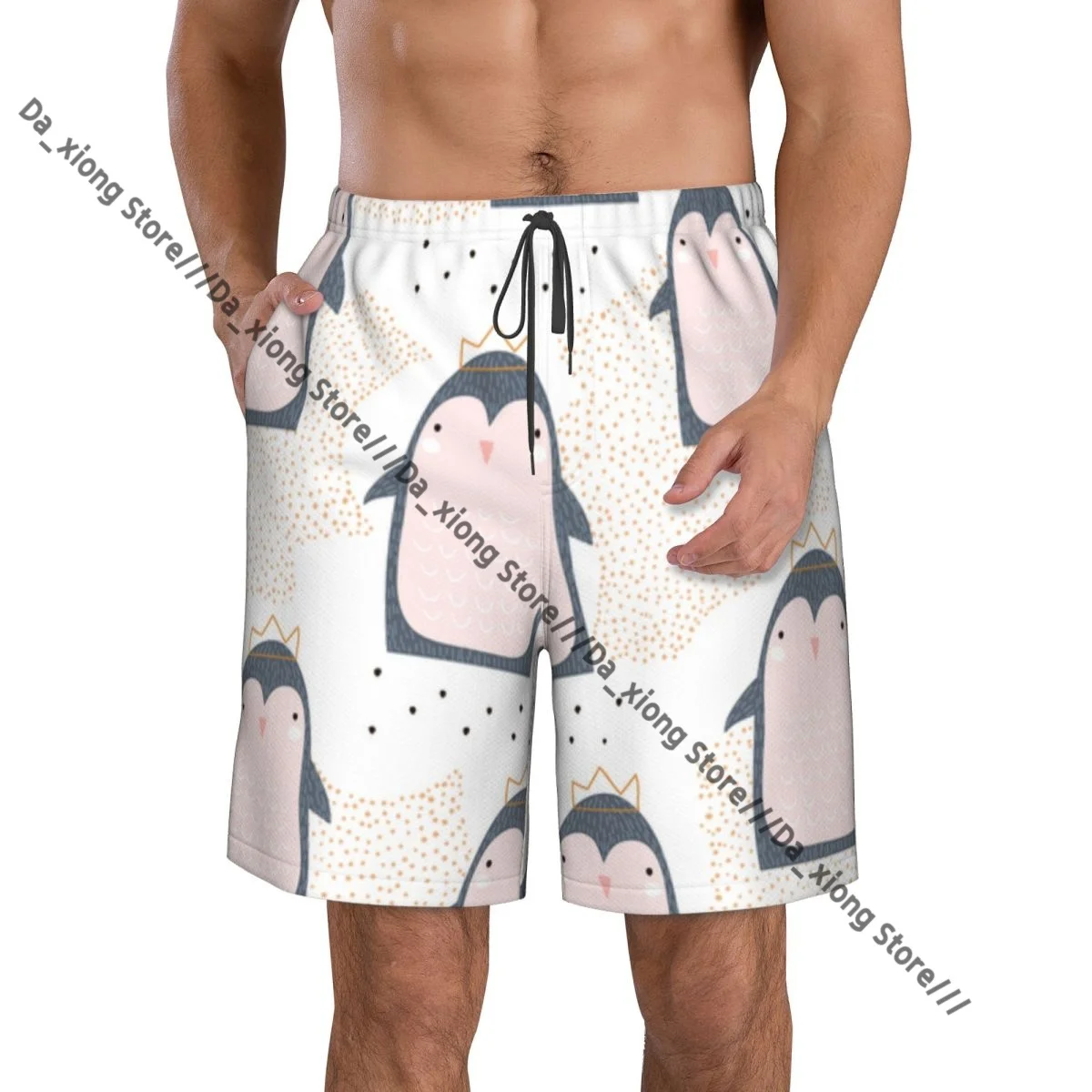 

Men Beach Short Quick-drying Swimming Trunk Pastel Cartoon Animals From Antarctica Crowns Swimwear Swimsuit Bathing Shorts