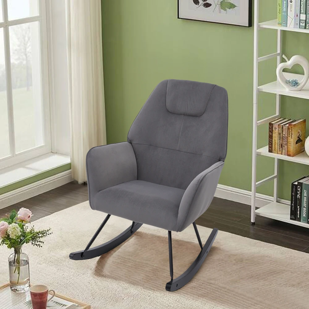 Comfy Grey Frosted Velvet Rocking Chair For Living Room Bedroom