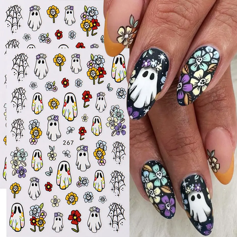 2 Stück Kawaii Blume Geist Nagelaufkleber Niedliche Spinnennetz Totenkopf Blütenblätter Designs Halloween Nail Art Selbstklebende Abziehbilder Zubehör