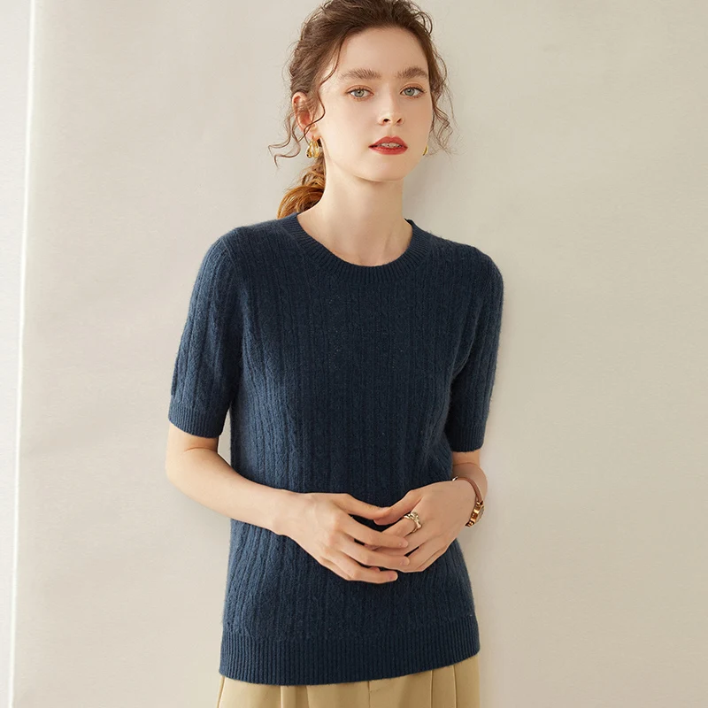 Women 100% Cashmere Sweater T-shirt 2023 New Short Sleeve Pullover Spring O-Neck Basic Jumper For Female Soft Shirt Girl Clothes