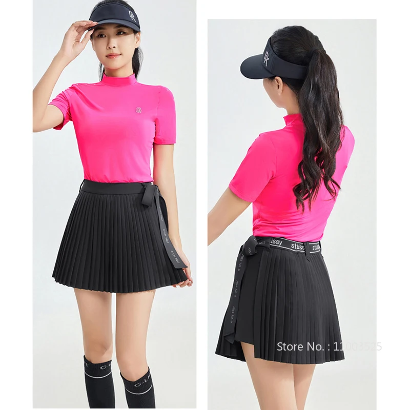 G-Life Summer Golf Shirts Women Short Sleeve Slim T-shirt Quick-dry Tops Ladies Bowknot Golf Tennis Skorts Casual Pleated Skirt